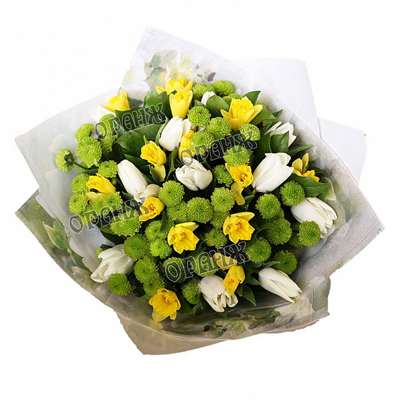 Букет из тюльпанов, нарциссов и хризантемы. — фото 2