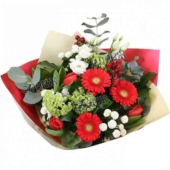 Букет из мини гербер, тюльпанов и лизиантуса. — фото 2