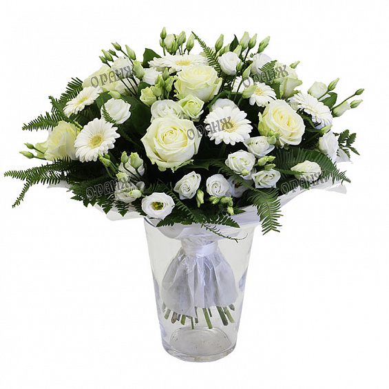 Букет из роз, мини гербер и лизиантуса — фото 1