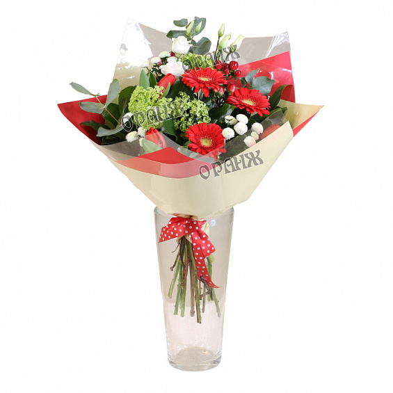 Букет из мини гербер, тюльпанов и лизиантуса. — фото 1