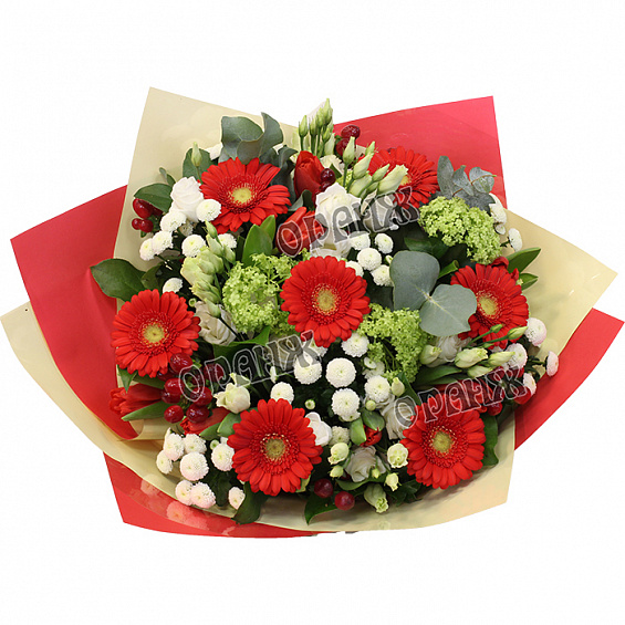 Букет из мини гербер, лизиантуса и тюльпанов — фото 2