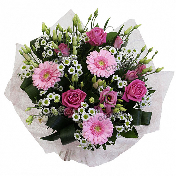 Букет из мини гербер, роз, лизиантуса и хризантемы Сантини — фото 2