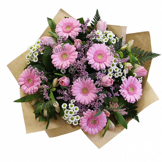 Букет из мини гербер, тюльпанов, альстромерии и хризантемы Сантини — фото 2