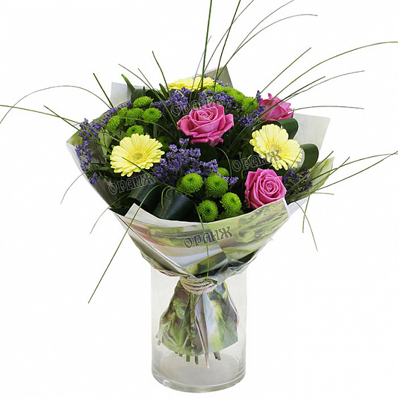 Букет из мини гербер, роз и хризантемы Сантини — фото 1