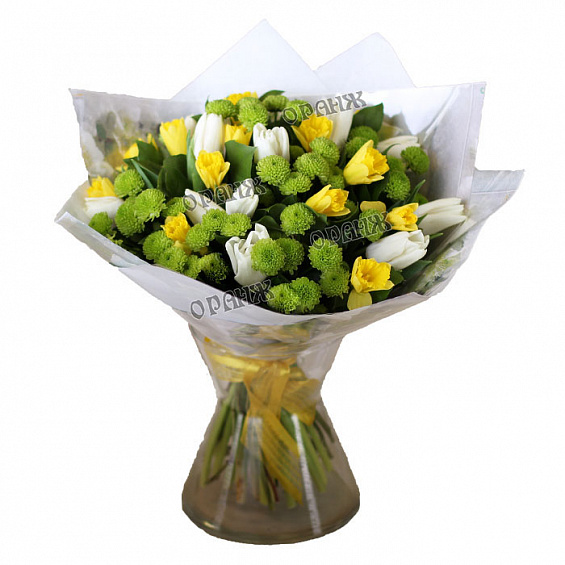 Букет из тюльпанов, нарциссов и хризантемы. — фото 1