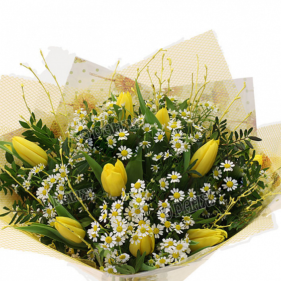 Букет из тюльпанов и матрикарии. — фото 2