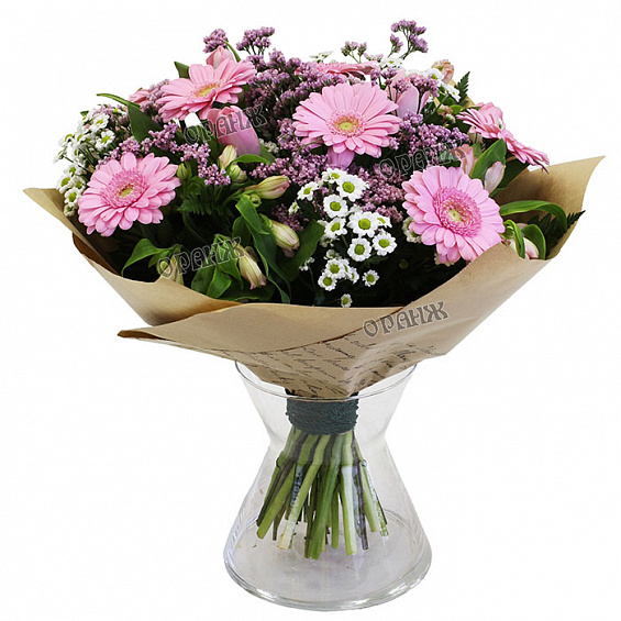 Букет из мини гербер, тюльпанов, альстромерии и хризантемы Сантини — фото 1