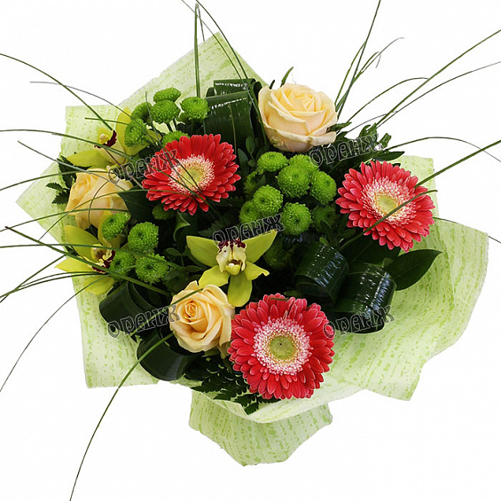 Букет из мини гербер, мини орхидей, роз и хризантемы Сантини — фото 2